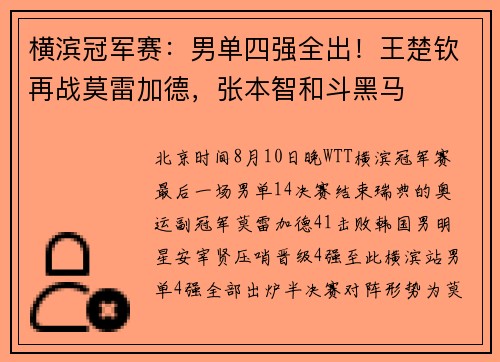 横滨冠军赛：男单四强全出！王楚钦再战莫雷加德，张本智和斗黑马